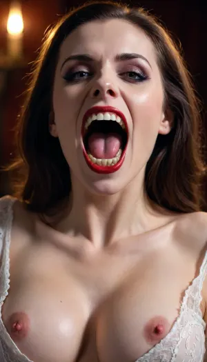 Nude vampire woman, White teeth, big vampire fangs, open blouse, fake tits, <lora:Mistress_of_the_night-000016:1.4>