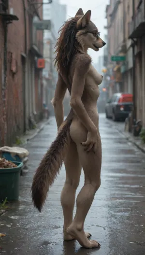 Realistic, city alley, behind a dumpster, side view, rainy day, heavy rain, naked skinny gothic, (Furry:1.8), anthro wolf, dark grey fur, Werewolf woman, (micro_pelvis, tiny hips, small round skinny perky ass, thigh gap, cameltoe pussy, puffy pussy lips), girl with black glasses on the floor, hands and feet on the ground with ass up, her butt is lifted up to the mans penis so that he can fuck her hard, she has hair dyed pink the brown roots, she is short in height, slender waisted, very skinny, she is not tall, she has long brown nipples, she is very slender waisted, very small breasts, brown eyes, very very tall naked white man is right behind her, standing up, he is pushing his dick back and forth inside her vagina, woman's tits are bouncing at every thrust, man is grabbing woman's ass cheeks firmly, wet bodies, wet hair, woman screaming in pain, real sex scene, steady shot, ultra detailed faces and bodies, HD