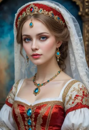 Portrait of a Russian beauty in national costume, lace filigree of bright, rich color. Super clear, highly detailed watercolor, glaze technique, plus colored alcohol ink, style of V. Vasnetsov