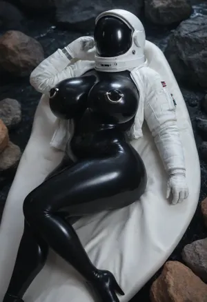 (mid angle view), ((no face, white astronaut suit)), 5 fingers, (big breasts, thick thighs, large ass, gigantic milf:1.15), ((((black rubber skin)))), (mirrow astronaut helmet), night, nipple piercing, ((Open clothing)), curvy figure, lying on boulder, gloves claws, white high heel boots, gloves, outie, navel, voluptuous body