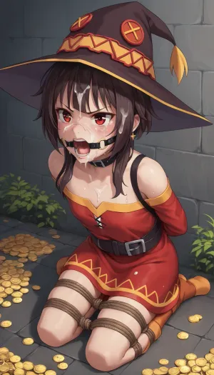 Gold coins, red dress, hat, angry, Megumin, 1girl, tied, tied arms, tied legs, solo, kneeling, cum on face, full body, outdoor, ring gag, open mouth gag, price