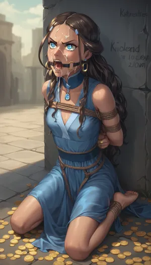 Gold coins, blue dress, angry, Katara, 1girl, tied, tied arms, tied legs, solo, kneeling, cum on face, full body, outdoor, ring gag, open mouth gag, price