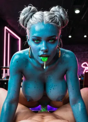Blue alien stripper, in alien strip club, big tits, thick thighs, curvy, neon lighting, dark blue skin, straight silver hair in 2 buns, getting fucked doggystyle, pov, Nordic face, European nose, beautiful face, strong jaw line, neon green cum dripping out of pussy