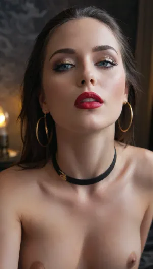 An ultra real masterpiece of a dark fantasy femme fatale with, (glowing), teal eyes, she has a look of, (lust, desire, passion, arousal), (((nude))), with perfect body, large gold hoop earrings, and a black choker, dramatic lighting and smoky dark background, hyper-realistic style, intense gaze, gothic beauty, perfect hour glass figure, perky tits, lots of cleavage •
	Pose, Confident stance, shoulders back, direct gaze with glowing teal eyes. Textured hair, clothes and skin •	Clothing, none, nude with tone perfect body
	•	Accessories, Gold choker collar, gold hoop earrings, black leather straps and hardware.
	•	Styling, Long flowing black hair, dramatic makeup with deep red lipstick, pale skin.
	•	Atmosphere, Smoky, dark background with high-contrast lighting, gothic and dramatic., GiganticBreatsXL, gigantic, breasts, huge, MFBP1, tifa, nude, nsfw, woman, laying, on, stomach, <lora:GiganticBreastsXLv1:1.1>, <lora:woman_laying_on_stomach_xl_lora_reg-000027:.8>, sucking, cock, <lora:cockteaseLoRASDXL:.8>