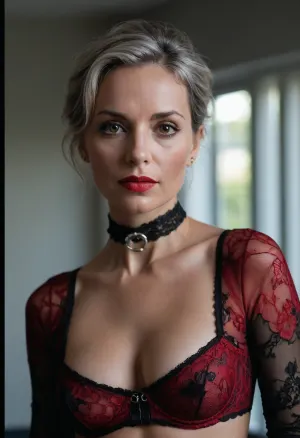 a 50 years old woman, A close-up portrait of a woman, captured in a candid moment. She is adorned in a red and black lace, paired with a black choker featuring a silver buckle. Small open nude perfect tits. Hard nipples. The woman's pose is relaxed, with one arm resting on a gray surface, and her gaze is directed towards the camera. The background is blurred, emphasizing the subject, and the overall color palette is dominated by red, black, and silver., detailifier