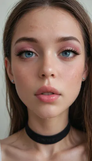 (Young petite tiny cutie girl:1.7), 18 years old, masterpiece, (shiny skin), (((close-up face:1.8))), (skinny:1.5), brown long hair, (blue eyes), (makeup:1.5), (Concentration:1.6), (((very very big long eyelashes))), (very busty:1.7), (ab crack), ((wet Skin)), choker, covered long erect nipples, (in the shower), ((she is wearing fishnet stockings contrasting)), shadows, bright light patches, light caustics, (Dynamic angle:1.5), (((best quality))), amazing quality, high contrast, volumetric lighting, intricate details, view from side, woman, on, face, <lora:JustCum:.5>, (((photorealistic))), (((very big lips))), pink lipstick, <lora:illustrious_styles_v3_vpred:.1>, <lora:678016_training_data:.8>, facialized, superfacialized, <lora:facialized:.8>