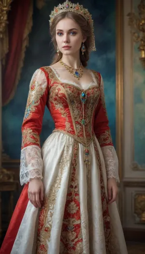 Full-length portrait of a Russian beauty in a national costume, lace filigree of bright, saturated color. Very clear, highly detailed watercolor, glaze technique, as well as colored alcohol ink in the style of V. Vasnetsov.