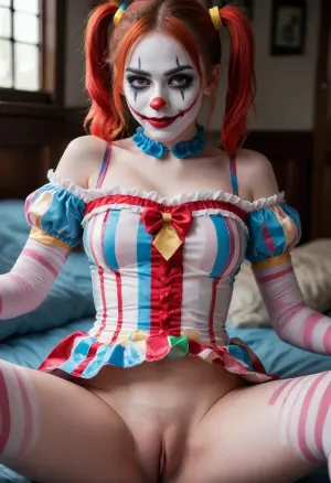 young beautiful girl 18 years old clown girl with big breasts, wearing a pulled-up dress without any underwear, laying on her back with spread legs, no panties, long striped socks, clown makeup, skinny, white face paint, detailed vagina, looking at the viewer, back long high twin multi-colored ponytails, excited, aroused, tack sharp, 4k, dslr