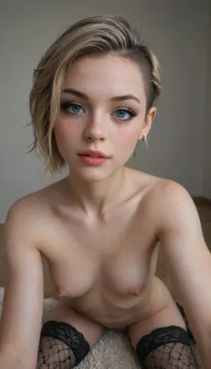 masterpiece, best quality, hyper detailed, cinematic composition, (whole body view), (ultra_cute), ((short_body, short_legs, short_torso:1.3), ((slim_fit skinny_petite:1.5)), A beautiful 18yo gothic, ((blonde_undercut)), takes a selfie while sitting on the floor in her Halloween bedroom. She's incredibly petite and very slim, and athletic. visible ribs, collarbones and pelvic bones. She has cute blue eyes. She's wearing gothic very heavy makeup smudged from tears. Her asymmetrical long undercut hairstyle reaches down to her collarbones. She is NUDE, wearing ONLY black fishnet stockings, BREAK
masterpiece, best quality, very aesthetic, absurdres, newest, depth of field, realistic, goth, looking at viewer, simple, parted lips, whole body, long fingernails, black nails, ring, smokey eyeshadows 8k, highly detailed, Stable-Yogis-Makeup-Enhancer-XL, hannahowoxl), Stable-Yogis-Makeup-Enhancer-XL, hannahowoxl, detailed, eyes, perfect, freckles, skin, texture, photorealistic, <lora:epicNewPhoto:.8>, <lora:HannahXL:1>, <lora:xl_more_art-full_v1:.8>, <lora:Super_Eye_Detailer_By_Stable_Yogi_SDPD0:1>