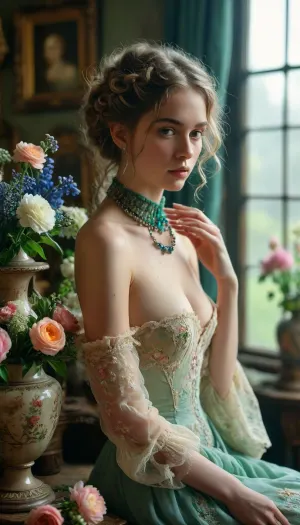 Couture, Colourful steam, beautiful topless lady arranging flowers in a antique vase, long gown, emerald collar, delphiniums, peony, peppermint, embroidered lace, chandelier, glittery smoke, beautiful model braided hairstyle, light rose, light green, light yellow, blue, and peach, <lora:MJ52:.7>