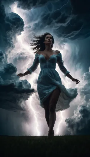 Cinematic, wide angle, 35mm, dramatic storm. The form of a woman from billowing clouds, a full body image of a woman, semi-transparent stormy clouds, dark sky, lightning sparking through her cloud body, martius_storm woman, <lora:Storm_Cloud_Style_SDXL:2>, <lora:Aether_Cloud_v1:.8>