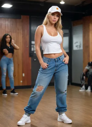 Photo realism, Full body view, beautiful sexy 28yo blonde fit woman, large breasts, slim body, tanned skin, wearing wide and oversized Carhartt 90s hip hop Outfit, white belly free sexy low v neck open side tank top, side boob, no bra underneath tank top, oversized loose balloon baggy hip hop 90s jeans, docker shoes, baseball cap, hip hop dancing pose, in hip hop club, ashlynn_spektre_xl, <lora:()Ashlynn Spektre XL:.8>