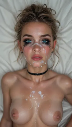 Cinematic still, (mature woman), 50yo, milf, (slav:1.5), submissive, horny, cute, gorgeous, freckles, perfect round breasts, dark makeup, eyeliner, eyeshadow, mascara, long eyelashes, slim waist, nude, black stockings, legs spread, black choker, very long blond hair, striking facial features, (blue eyes), narrow face, wet skin, silver jewelry, on bed in a bright bedroom, (lying on her back), (((looking directly to the viewer))), (cum on face:1.9), mouth closed, kiss mouth, (ruined makeup:1.2), (ruined hairstyle:1.3), cum on tits, devot, (view from front/above:1.5), 4k epic detail, shot on kodak, 35mm photo, sharp focus, high budget, cinemascope, moody, epic, film grain, grainy, score_9, score_8_up, score_7_up, rating, explicit, big_eyes, but, <lora:style_lora_realis:2>, <lora:BUT_SDXL_SHS:2>, <lora:SDXLHighDetail_v6-000005:2>