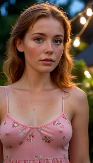 25 year old woman, petite waist, looking at viewer, lovely face, thin waist, accurate picture, extremely slim waist, 4k, ultra hd, full HD, correct anatomy, correct body proportions, inside English cottage, (Muscular:.5), big hips, perfect_body, wearing a loose neon pink long nightgown Hawaiian print. Auburn hair in loose bun, visible freckles, moles and skin details, directly facing the camera viewed from below. Relaxed soft pose. She stands in the cottage garden, it is nighttime. She’s illuminated by a fairy lights and other garden lights. She is slim and sexy, fully clothed. Sun kissed skin, tan lines, she is very sweaty, skin is glistening., <lora:Midjourney Image Enhancer XL v1:1.5>, <lora:bralessSDXL_v1_00022:2>, <lora:igbaddie-XL:.7>, <lora:CinematicStyle_v1:.3>