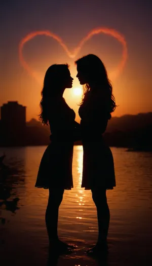The silhouette of two women in love looks like a heart