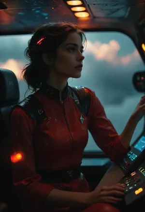 Inside the dimly lit cockpit of a sleek starship drifting above a glowing nebula, a slim, athletic 22-year-old woman leans over the pilot’s shoulder, her body close enough to brush against him with every subtle movement. The cockpit is filled with warm red and blue instrument light that reflects off her minimal, form-fitting off-world outfit, highlighting the smooth lines of her figure.

She reaches toward a console above him, her arm passing just inches from his face, her breath ghosting along his cheek. It’s a teasing, deliberate motion — innocent on the surface, but charged with powerful, forbidden tension. He looks up at her, catching her eyes in the reflection of the glass canopy, and the atmosphere between them becomes electric.

Outside the cockpit, stars streak by in hyperspace, flashes of cosmic light illuminate her skin in soft pulses, making the moment feel surreal and intimate. A soft vibration from the ship’s engines travels through the floor, adding a subtle physical intensity to their closeness.

Her fingers hover over a glowing control switch, but she doesn’t press it — instead, she lingers in that suspended second, letting silence, closeness, and unspoken desire build. The ship’s controls cast warm highlights across their faces, the rest of the world fades away as their bodies lean just slightly toward each other, trapped between tension and gravity.

Cinematic sci-fi lighting, glowing holograms, reflective glass surfaces, sensual atmosphere, ultra-realistic skin texture, fine details, strong emotional tension, teasing body language, high-end 8k sci-fi portrait photography with subtle motion and nebula reflections, (maximum detail), (super realistic photo:1.4), (maximum photo quality:1.4), (maximum resolution:1.5), saturated, Black, and, white, art, black, shading, charcoal, toned, brutal, dark, b/w, color, scheme, cloudy, smoke, atmospheric, clouds, fog, <lora:MJ52:2>, <lora:saturated_colors:.1>, <lora:Black and white art.V1:2>, <lora:add-detail-xl:1.7>, <lora:Cloudy_Style:1.4>