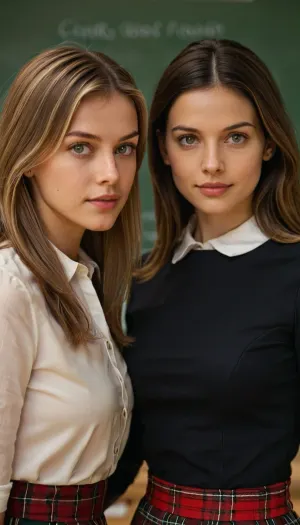 A bright, modern classroom setting.Two girls, 18 years old youngest stepdaughters girl and 30 years old teacher, standing close together, beauty faces, facing the camera with calm, friendly expression, they are Seductive subtle confident gaze, bright blue or hazel eyes with natural shine, smooth light skin, delicate cheekbones, Slightly tousled straight hair, (light brown or dark blonde), framing the face. Soft cinematic lighting, The woman on the left has light brown hair tied back, wearing a short-sleeved white blouse and a red plaid skirt. The woman on the right has medium-length, wavy, dark hair and a fitted black dress with three-quarter sleeves. Their hands rest lightly on their waists, creating a supportive pose. Natural, soft lighting, realistic textures, a clean color palette, wooden desks in the background, a green chalkboard, and an overhead projector. Cinematic clarity, stable framing, high realism, and no distortion., supermodel, face, big, lips, <lora:Beautify-Supermodel-SDXL:1.2>