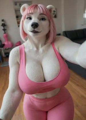 (dynamic view), solo, ((polar bear woman:1.2)), Anthro, anthrofied, bear, pink hair, Bob cut, (pink yoga clothing, yoga pants, cleavage top:1.3), voluptuous body, horny, fur, white fur, (extreme shiny fur:1.3), huge ass, big breasts, thick thighs, ((selfie pose)), (((furry art, anthro woman)))