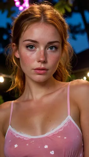 25 year old woman, petite waist, looking at viewer, lovely face, thin waist, accurate picture, extremely slim waist, 4k, ultra hd, full HD, correct anatomy, correct body proportions, inside English cottage, (Muscular:.5), big hips, perfect_body, wearing a loose neon pink long nightie Hawaiian print. Auburn hair in loose bun, visible freckles, moles and skin details, directly facing the camera viewed from below. Relaxed soft pose. She stands in the cottage garden, it is nighttime. She’s illuminated by a fairy lights and other garden lights. She is slim and sexy, fully clothed. Sun kissed skin, tan lines, she is very sweaty, skin is glistening., <lora:Midjourney Image Enhancer XL v1:1.5>, <lora:bralessSDXL_v1_00022:2>, <lora:igbaddie-XL:.7>, <lora:CinematicStyle_v1:.3>, extremely close-up view