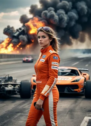 1girl, racer suit, inside bolid, fire tires, burning wrecks in background, crashed cars, highway, smoke cloud on the sky, drawix9, dwx9, 90sformula1, formula, 1, f1, <lora:drawix9:1>, <lora:F1_90s:1>