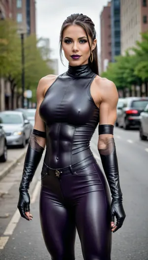 beautiful and sexy asia massive athletic muscle girl woman posing naked, perfect boobs, perfect ass, perfect body, gothic makeup, light violet shadow eyes, long dark eyeliner, dark matte violet lips, ponytail, 3/4 view, bare legs, standing by the street, good hands, tight black leather uniform buttoned blouse, black skinny leather pants, black leather gloves, black leather laced boots, gold earrings, gold rings, spyke leather necklace, looking sexy and smiling provocative, holding handscuffs in a hand, uberfit, muscular, athletic, <lora:uberfit_lora_sdxl:.8>
