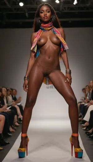 On a fashion show, female very pretty tall dark skin ebony African fashion models posing together, 25 years old, (nude wearing only colorful platform heels and matching scarves), presenting the heels, posing at the end of the runway, legs divided, sexy pose, shaved pussy, slender, long slim legs, large breasts, eraser nipples, cheering female audience is sitting on both sides of the runway, detailed face, perfect face, detailed pussy, angle from below, sharp photo, sharp foreground, sharp background, cinematic, perfect photography, perfect lighting, high, heels, sexy, heel, 20, cm, boots, supermodel, face, big, lips, detailxl, <lora:Beautify-Supermodel-SDXL:.7>
