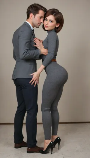 helen parr incredibles, blush, extremely beautiful, perfect face, perfect skin, straight bangs brown hair, (side view:1.3), full body view, shiny pink lip gloss, gold earrings, big lips, (big extremely round buttocks:1.3), (toned ass:1.2), (toned legs:1.2), dimples of venus, ass dimples, standing straight, looking at thé man, coffee break room, very tight full suit, pattern grey suit, tight waist belt, lines in suit, smooth pants, (wetlook pants:1.3), no pockets, tight flared pants, (man groping ass:1.4), (ass grabbed:1.3), squeezing buttcheeks, (ass groping:1.3), high definition, hdr