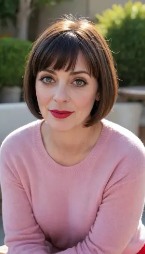 50 year old housewife, American, dark hair, curvy, straight hair, (short bob with bangs:1.3), (thick red lips:1.2), (bulbous nose:1.5), (big wide eyes:1.3), gasping in excitement, wearing an pink sweater, jeans, mules, on a sunny LA patio
