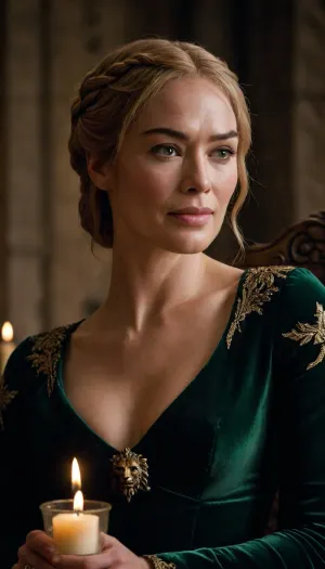 Dramatic, hyperrealistic 8k portrait of Cersei Lannister, (40-45 yo), powerfully defiant, in a regal pose. Black velvet gown, ((one breast out)), (gold lion embroidery), jeweled goblet, ebony throne. Intense gaze, platinum braids, sharp features, emerald eyes. Chiaroscuro lighting, dimly lit throne room, (stone walls, war tapestries, candles), . Cinematic, dark fantasy style. Three-quarter view, shallow depth of field. Cersei, Lannister, a, with, c4st6l, crsi, woman, long, blonde, hair, red, dress, green, black, short, she, is, wearing, lann, outfit, smiling, <lora:cersei crsi woman sdxl:.8>