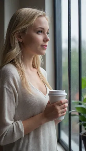 cute blonde babe holding a coffee cup, standing at window, looking through window, rainy day, morning, side view