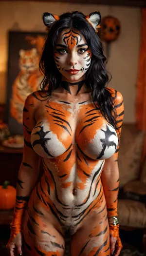 Masterpiece, cinematic, interesting angle, Sexy tiger costume, gorgeous 20yo instagram model with black hair and very large natural breasts naked with orange white and black tiger stripe print style body paint posing at a Halloween party, smiling, (view from thighs up), very hairy bush, face paint, photo realism, central focus, but, h41ry, <lora:MJ52:2>, <lora:add-detail-xl:2>, <lora:BUT_SDXL_SHS:.3>, <lora:h41ry:1.3>