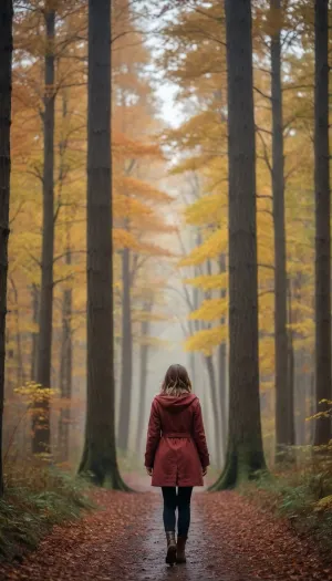 Woods, raining, girl walking in the woods, looking up, autumn, back view