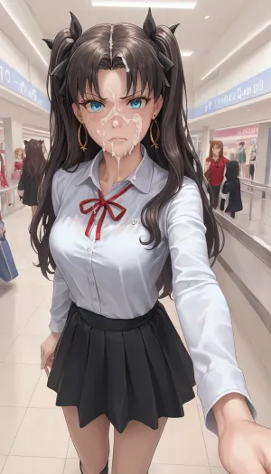 tohsaka rin, Look a viewer, frown, face covered cum, cum on face, facial cum, angry expression, walking, in mall, Model, white collared shirt, selfie