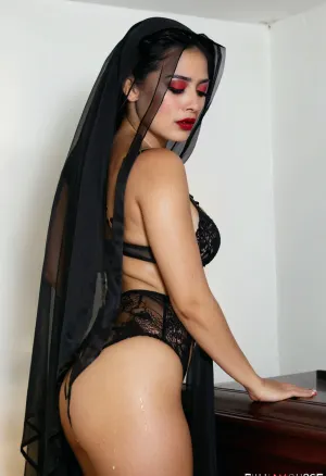 polaroid, Brutalist Paulina Gaitan in black vidow lingerie, vidow veil, Latina, glamour make-up, sexy pose, dark red lipstick, (person\), sensual atmosphere, in funeral house side view, crying, with, tears, <lora:tearsXL:.8>