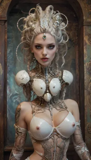 A UHD photo, Baroque Style, dreamlike Hyperdetailed grunge art fantasy illustration featuring an cyberpunk female android, hair from wires, white porcelain face, sci-fi, elegant, dreamy atmosphere, intricate, ornate, decorative, pastel colors, whimsical, embellished, figura serpentina, dynamic twisted poses, elaborately decorated, inspired by, [Brian M Viveros, Esao Andrews], Exaggeration, Elongation, Emotional Expression, Unconventional, Dramatic Pose, Complex Arrangements, Distorted Proportions, Artificial Elegance, Expressive Figures, Twisted Forms, Virtuosity, Sophistication, Intense Emotions, unbalanced composition, dynamic and visually engaging composition, with high levels of detail, 4ng3l, face, Stable-Yogis-Makeup-Enhancer-XL, hinaigirl, <lora:SDXL_BetterFaces-LoRA_v1:.8>, <lora:xl_more_art-full_v1:.8>, <lora:cfg_scale_boost:.8>, <lora:Thigh_gap_SDXL:.8>, <lora:MaybeBetterFaceInFullBodyLora_XL_rev3:.8>