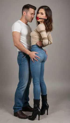 (1 woman + 1 man), helen parr is standing, (tied in bondage:1.3), (struggling trying to escape:1.3), and she have her, (hands tied in her back:1.4), she get her, (ass groped by a man:1.3), (ass grab:1.4), (very tall and muscular man:1.3), small breasts, petite, (extremely big round buttocks:1.3), (high waist tight jeans:1.3), (high heels leather high boots:1.3), (slim waist), beautiful face, tan skin, tan long sleeve shirt, full body, side view, rope, black, tape, gag, bondage, clothes, Chern4byl, enviroment, ballgag, <lora:bdsm_SDXL_1_:2>, <lora:ahxl_v1:2>, <lora:PostApocalyptic_Chernobyl_v3:1.4>, <lora:ballgag:2>