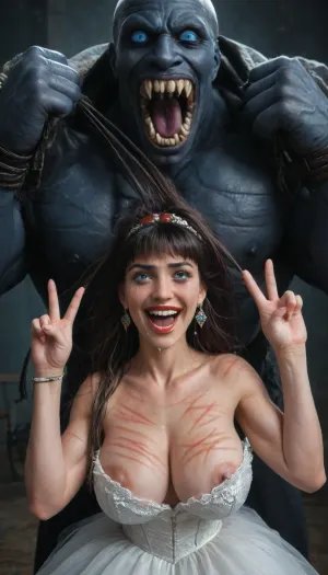 female drow elf barbarian, (dark night blue skin:1.82), tall, angry, busty, curvy, thin waist, big boobs, big butt, slim, athletic, fit, vitiligo, strong, (wearing Drizzt Do'Urdens armor, with bear fur pelt, dungeons and dragons inspired chainmail, purplish blue skin, black and purple hair, Dark, Elf, Warrior, Drow, tattooed, scarred, purple eyes, uberfit, muscular, blue skin, amazon, giant, fur barbarian armor, bloody, blood spatter, bear, bear heart), Dark, Elf, Warrior, Drow, tattooed, scarred, purple eyes, uberfit, muscular, blue skin, amazon, giant, fur barbarian armor, bloody, blood spatter, bear, bear heart, zavy-brbrn, defeating a woman in combat, fighting, killing, blood, winning fight, magazine cover, Realism_Quality_2xx_By_Stable_Yogi, score_9, score_8_up, score_7_up, (((very pretty face:1.3))), (((extremely ultra detailed face:1.3))), perfect fingers and hands, upper body view, (extreme size difference:1.6), (ultra realistic), (maximum quality), (high resolution), (extreme detail), (ultra realism), UHD, super high quality, highly detailed, high resolution, perfect lighting, natural lighting, Uber realistic, ultra detailed, masterpiece, 35mm photograph, film, professional, 4k, hdr, photographic, ultra realistic, ultra high details, back light, (dynamic pose), (dynamic angle), (random angle), (random pose), (dynamic view), (random view), best quality, volumetric lighting, golden hour lighting, dramatic shadows, rich details, nature-inspired color palette, hyperrealistic, 8K, BadX, Stable-Yogis-Makeup-Enhancer-XL, spectacular lighting, (vampirella:1.32), embarrassed expression, shy, blushing, (score_9, score_8_up, score_7_up, UHD 8K, masterpiece, best quality, maximum details, natural light, extreme realism, cinematic still), Beautiful brunette white woman, (cheating bride:1.5), (pale skin:1.5), (decorated luxurious bedroom), wedding veil, frazetta barbarian slave art, stockings, shocked, frightened, interracial, (gigantic African black brute thug, huge trunklike arms, huge head, hyper muscular body, dressed in slave clothes:1.2), (hands pulling hair hard, hair falling off:1.22), ((laughing insane, looking at viewer, big grin:1.5)), ((shows the V sign with his hands)), (extreme size difference:1.12), (eyes wide open in horror:1.44), (wide mouth spreader:1.18), (pleading expression:1.54), (terrified:1.58), (crying:1.98), (fear and panic:1.58), ((screaming in pain:1.46)), (huge dick:1.18), (whip marks:1.68), (whipped tits:1.67), <lora:Dark_Elf_Warrior:2>, <lora:Drow:2>, <lora:uberfit_lora_sdxl:2>, <lora:zavy-brbrn-sdxl:.5>