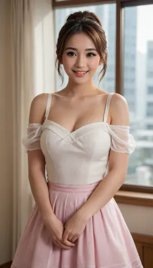 (Best Quality, 4K, high resolution, masterpiece:1.2), Ultra-detailed, (Realistic:1.37), Photography, Japanese, tiny Apartment, A cute expression that bites you when you try to take a slightly bold pose, (Elegant double chignon with brunette shiny hair), ponytail, (Beautiful detailed skin texture:1.4), backlight, bokeh, (Clean hands and fingers), pink with beautiful eyes, Soft and lovely eyes, Double eyelids, (smile shy:1.2), girl, Soft lighting, (She is wearing a fashionable jumper dress over a cute blouse made of white sheer material), tube-top with pleated skirt, 、checkered、, (Glamorous figure, plump and large bust, Big hips:1.3), Window light, covabr, front, view, side, <lora:JP2-000003:2>, <lora:CoverVaginaAndBreasts.0.9:2>, <lora:EnvyCuteSliderXL01:2>