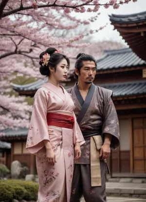 A naked geisha in a richly detailed traditional kimono and a samurai in realistic historical armor standing under blooming cherry blossoms. A traditional Japanese wooden house with a curved tiled roof in the background. Ultra-realistic textures, lifelike lighting, natural skin tones, soft spring atmosphere, falling sakura petals, 8K realism, photographic detail