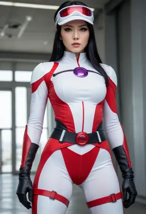 Japanese woman, super heroine, futuristic form-fitting red and white costume, shoulder-length black hair, red and white sun visor, serious expression, blue eyes, high-collared top with a purple gem in the center, light gray utility belt with pouches, and thigh-high white boots with red accents