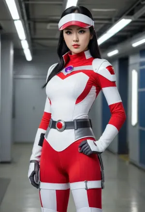 Japanese woman, super heroine, futuristic form-fitting red and white costume, shoulder-length black hair, red and white sun visor, serious expression, blue eyes, high-collared top with a purple gem in the center, light gray utility belt with pouches, and thigh-high white boots with red accents
