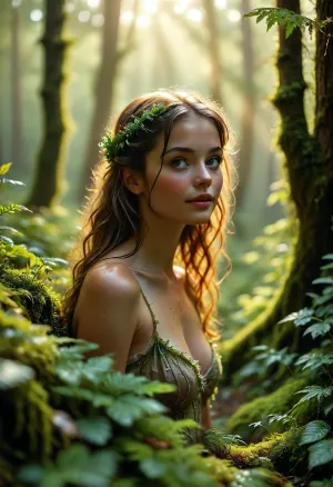 In the heart of an ancient, enchanted forest, a serene woodland glade emerges at dawn. The ground is blanketed in a lush, vibrant green moss, soft underfoot and dotted with delicate ferns and tiny, dew-kissed flowers. Tall, ancient trees surround the clearing, their trunks covered in velvety moss and their branches intertwined with creeping ivy. Soft beams of golden morning light filter through the dense canopy, casting ethereal patterns on the forest floor. A gentle mist weaves through the trees, adding an aura of mystery and magic to the scene, a 22 years old woman stands quietly, her eyes wide with wonder and a gentle smile playing on her lips. The forest around her is alive with the soft rustling of leaves and the distant calls of woodland creatures. The atmosphere is filled with a sense of peaceful anticipation, a moment of pure, youthful magic.This scene is rich in detail, capturing the essence of first love, the excitement of the unknown, and the timeless beauty of nature, all bathed in an epic, cinematic glow, (maximum photo quality:1.4), (maximum resolution:1.5), <lora:MJ52:.6>, <lora:Super_Eye_Detailer_By_Stable_Yogi_SDPD0:.3>, <lora:BUT_SDXL_SHS:.3>, <lora:Sweaty_Realism_4-000006:.8>, <lora:Italian_girl:.8>