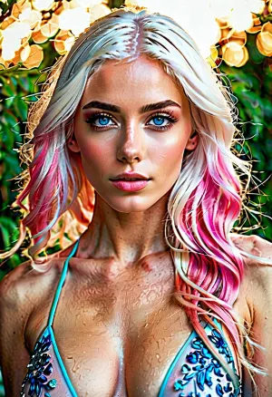 hyper detailed hyper realistic natural petite cutie, 18 years old beautiful model, (very slim, anorexic figure), extremely gorgeous, perfect body, perfectly detailed skin texture, perfect symmetrical face, (perfectly detailed sparkling blue eyes:1.5), (perfect pink highlighted white hair:1.5), the most beautiful perfect face, sexy makeup, perfectly shaped big boobs, black eyeliner, sexy Makeup, the brightest image, crystal clear focus, perfect composition of lights and shadows, completely nude, full color pic, woman, (human:1.4), (ultra detailed:1.5), (epic lighting), MFBP1, loonas, colorful hair, full color, photo, of, perfecteyes, eyes