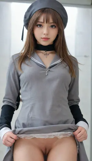 hentai, NSFW, 1girl, kpop idol beauty, realistic face, extremely detailed face, lifelike, sparkling round eyes, small straight nose, thin lips, tall petite body, dress, hat, head tilt, simple background, looking at viewer, choker, long sleeves, chain, grey background, white dress, beret, sailor collar, closed mouth, neckerchief, standing, cross, black choker, coat, white background, black dress, (vagina), skirt, lift, upskirt, front view, eye level, <lora:heita_Dim8:.1>, <lora:skirtLift:.1>, <lora:upskirt:.1>