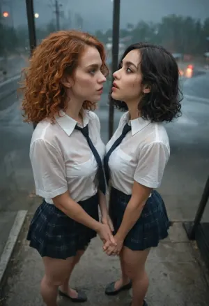 View from above. Drawing with oil strokes. Two girls in white shirts with ties and Scottish skirts, one petite girl with black hair with short hair, the other taller girl with ginger long curly hair, standing near a Semi truck, rain, gloomy, night