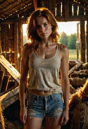 A woman with sun-kissed skin and tousled auburn hair stands inside a cluttered barn, wearing a sexy, worn-out, torn cotton tank top and faded denim shorts. Her expressive eyes glimmer with a mix of curiosity and determination. The barn is bathed in the warm, golden light of a setting sun, casting long shadows and highlighting the rustic wooden beams and scattered tools. The lighting is soft, with a warm, amber hue, creating a nostalgic and intimate atmosphere. The scene is framed with a shallow depth of field, emphasizing the woman's figure and the barn's textured background. aidmaRealisticPeoplePhotograph, <lora:ahxl_v1:.8>