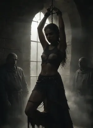 3 black slender flat-chested african womans, 3 womans, black Skin, 45 years, female prison inmate, (wears torn medieval clothing:1.6), pants are torn, ripped clothes, torn clothes, vertical suspension bondage, arms tied above head to bars, centre of prison cell, murky lighting, night, moon through prison barred window, side angle, full view, three-point perspective, cloudy, smoke, atmospheric, clouds, fog, sunlight_str1, Black, and, white, art, black, shading, charcoal, toned, brutal, dark, b/w, color, scheme, <lora:dark:.1>, <lora:Cloudy_Style:.7>, <lora:sunlight_str1-SDXL_v1-dim64-steps1691:1.1>, <lora:Black and white art.V1:.4>
