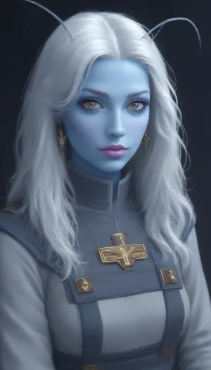 (1girl), slutty Andorian bimbo, bimbo, bimbo lips, blue skin, white hair, alien, extraterrestrial girl, alien girl, hyper detailed, hyper realistic, stunningly beautiful woman, high-contrast shading, 8k, uhd, insanely detailed, masterpiece, Starfleet uniform, Star Trek uniform, star Trek, ST_B_Enterprise, sttldunf, uniform, andorian, blue, skin, antennae, white, hair, fluffy, eyebrows