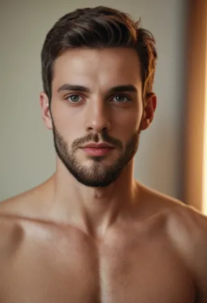 photorealistic, UHD, with highly detailed faces, standing naked, from the side, focus on face, very slim man with short brown hair and a short full beard, grey eyes
