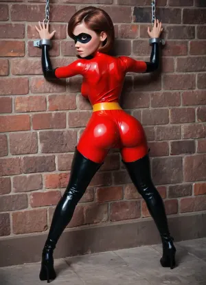 rear view, Intricate detail Helen Parr from the Incredibles, Elastigirl, auburn hair, eye mask, (latex costume), black thigh high boots, wide hips, narrow waist, (Detailed big ass), (wrists shackled to wall, ankles shackled to wall, arms spread, legs spread), scared, sad, (standing in dungeon), (/The, Incredibles), red hair, fluxenh4nce, <lora:FLUXEnh4nce:1.3>